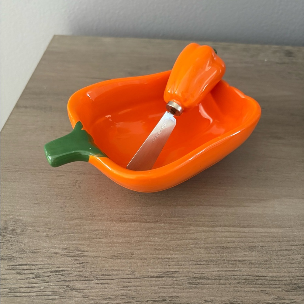 Orange Pepper Shaped Dish with Knife